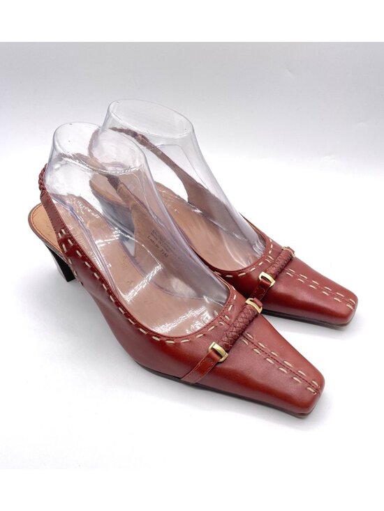 Etienne Aigner Shoes - Vintage Etienne Aigner Brown Leather Sling Back Women Heels Size 7.5"